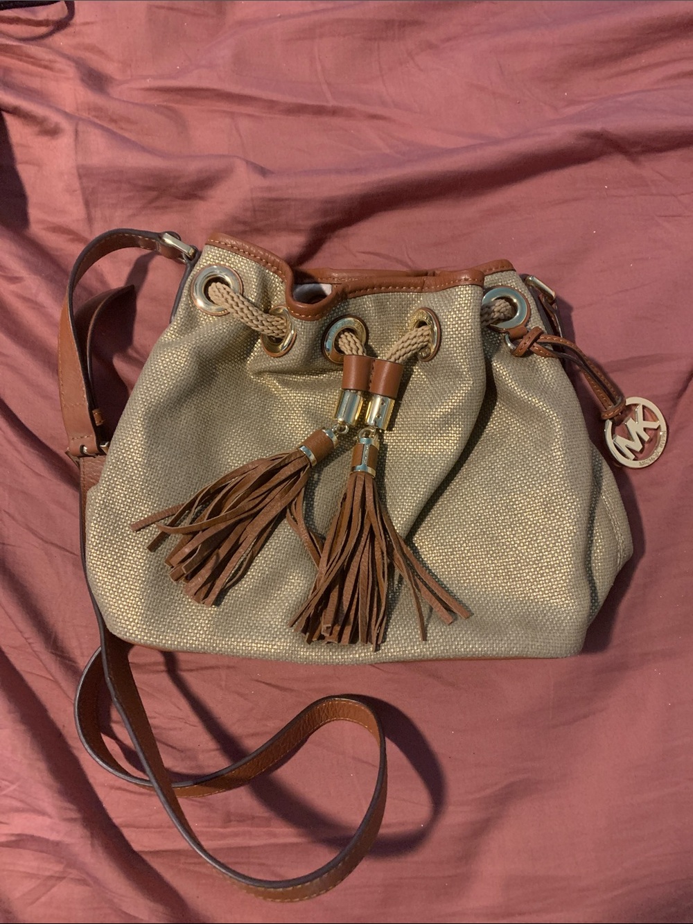 Michael Kors Tan Canvas Drawstring Shoulder Bag with Brown Leather Trim